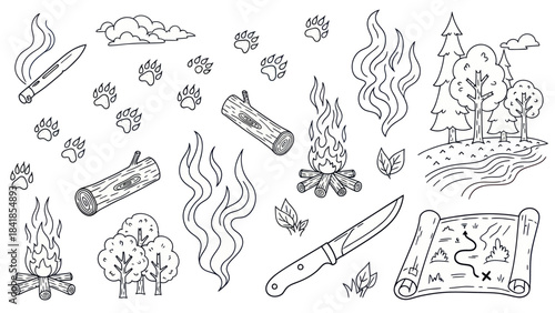 Camping and outdoor recreation themed black and white vector illustrations