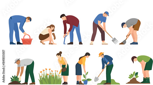 Working on the farm, men and women farmers in activity. set of people in drawing for architecture and landscaping. cad material. Vectors Illustration