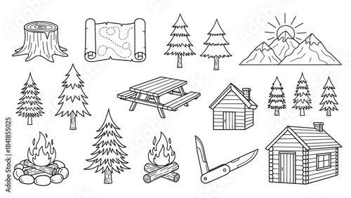 Camping and outdoor recreation vector illustration elements set