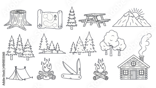 Camping and outdoor recreation vector illustration set in black and white