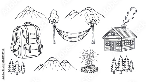Camping and outdoor recreation vector illustration set with nature elements
