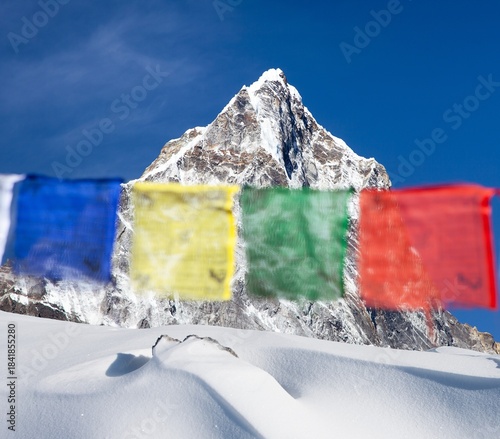 Prayer flags mount Arakam peak Nepal Himalaya mountain