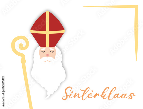 Sinterklaas or Sint Nicolaas cartoon face, Holiday banner. Hand drawn Dutch folklore character. Vector illustration isolated on white vintage background