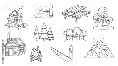 Camping and outdoor recreation vector set with trees mountains and axe