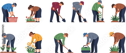 Working on the farm, men and women farmers in activity. set of people in drawing for architecture and landscaping. cad material. Vectors Illustration