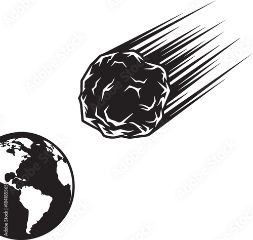 Stylized black and white illustration of a speeding meteor or asteroid approaching planet earth, cosmic impact threat concept