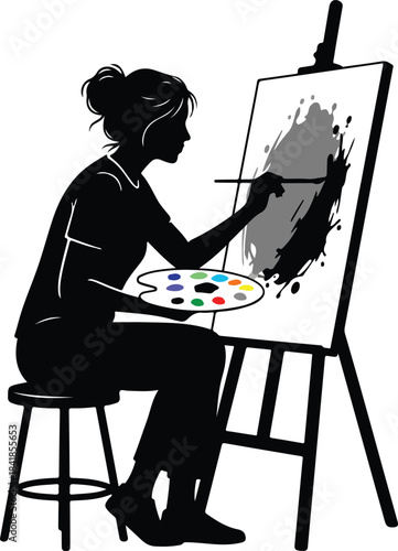Silhouette illustration of a female artist painting on an easel, holding a colorful palette and brush, showcasing artistic creativity.
