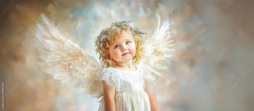 Fototapeta premium A charming little angel in pastel colors. A Christmas image for greeting cards, stickers, or posters. Watercolor illustration.