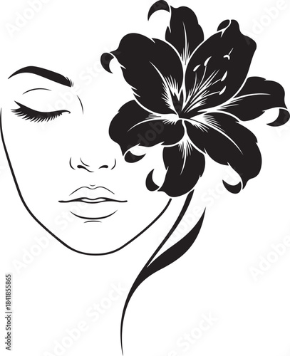 Serene woman's face with closed eyes, elegant line art, adorned by a stylized black lily flower, symbolizing beauty, nature, and pure peace.
