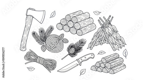 Camping and outdoors elements illustration vector art in black and white