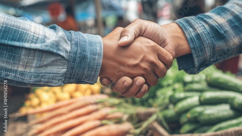 Handshake finalizing a deal over fresh produce in a market