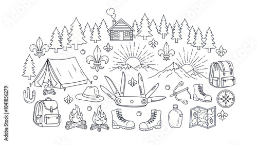 Camping and outdoors themed illustration tent backpack and nature elements