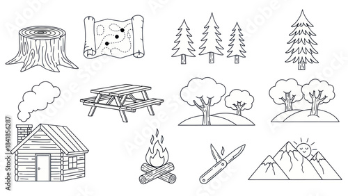 Camping and outdoors themed illustrations in black and white outline