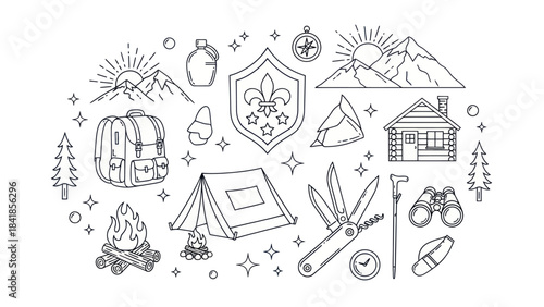 Camping and outdoors themed line art collection for recreational activities