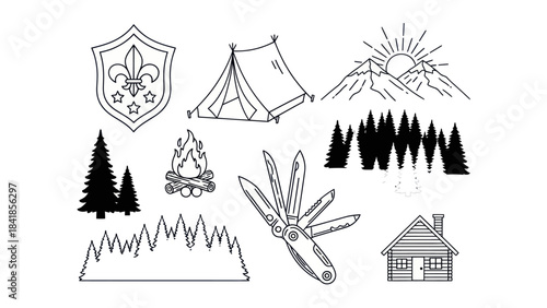 Camping and outdoors elements in line art style for recreational activities