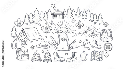 Camping and outdoors themed illustration tent cabin and nature elements