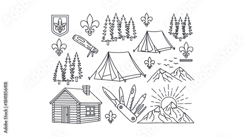 Camping and scouting vector set tents trees and outdoor adventure elements