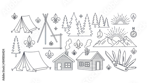 Camping and scouting vector set tents cabins trees and compass symbols