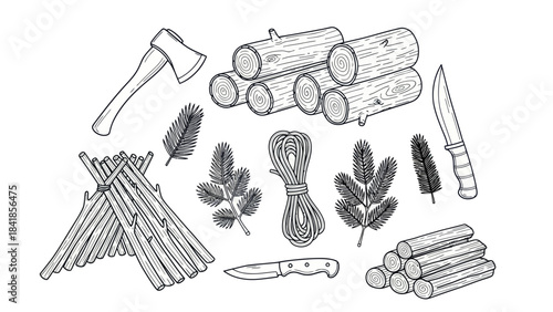 Camping and survival elements axe knife logs and shelter illustration