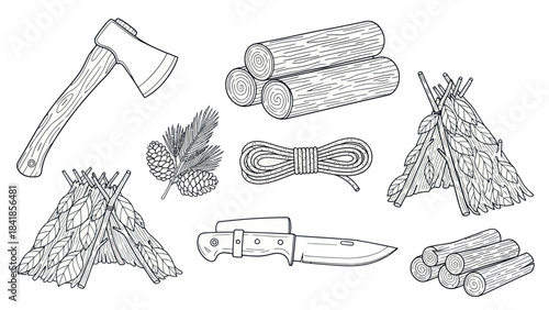 Camping and survival elements axe knife logs and shelter illustration