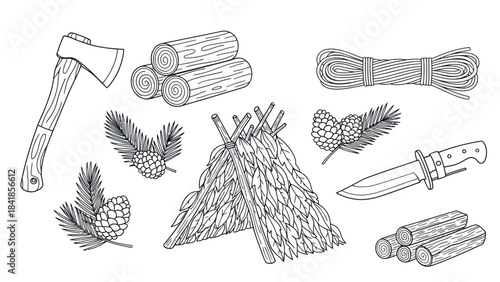 Camping and survival equipment illustration with ax knife logs and rope