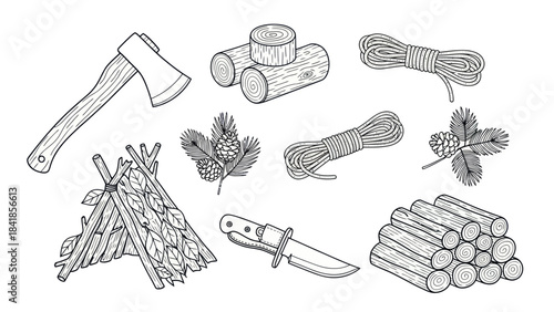 Camping and wilderness survival tools illustration with isolated elements