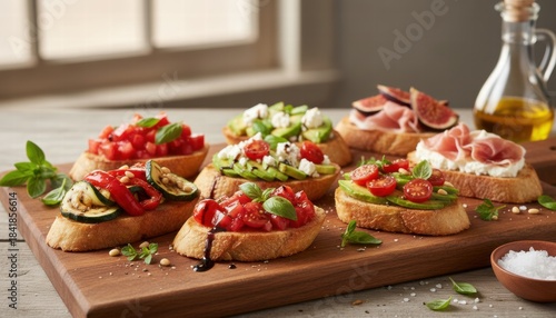 Assortment of Italian bruschetta with various toppings. Toasted bread with fresh tomato and basil, avocado and feta, prosciutto and figs, and grilled vegetables on a wooden board.