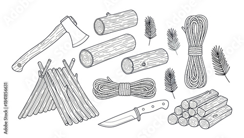 Camping and survival equipment illustration vector set for outdoors activity