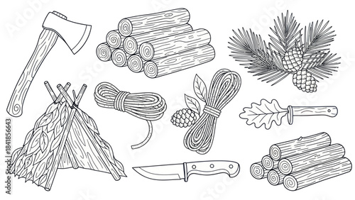 Camping and wilderness survival vector illustration elements