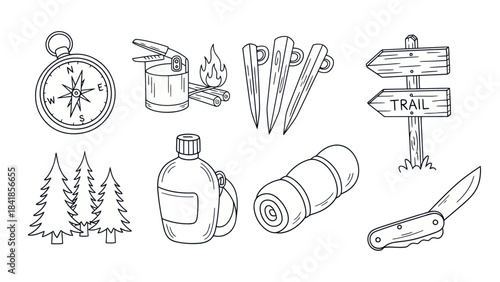 Camping equipment and forest elements in black and white outline