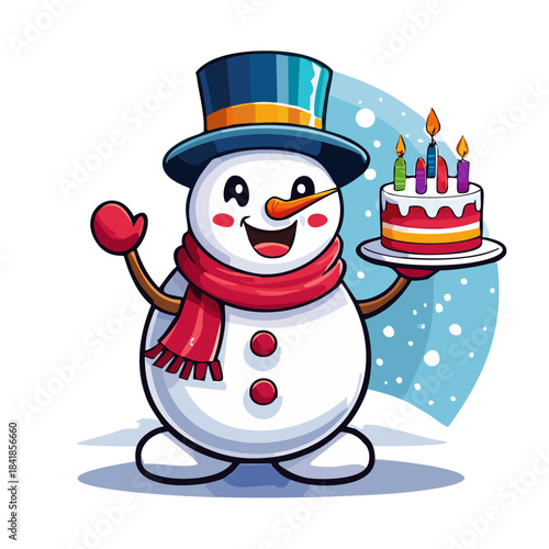 cartoon character illustration multicolored happy snowman, with birthday cake 1