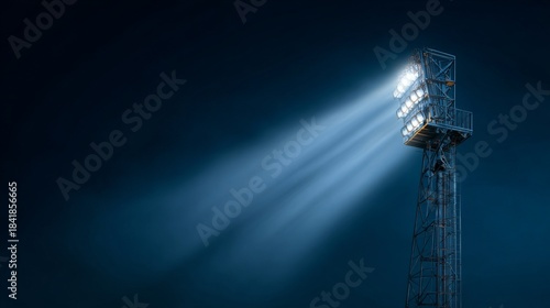 Illuminated stadium floodlight tower against dark night sky with strong beams of light and industrial metal structure in dramatic perspective