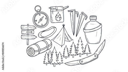Camping equipment and forest elements vector illustration on white