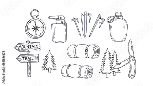 Camping equipment and forest elements vector illustration for outdoor adventure