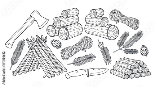 Camping and survival equipment illustration with axe wood and rope
