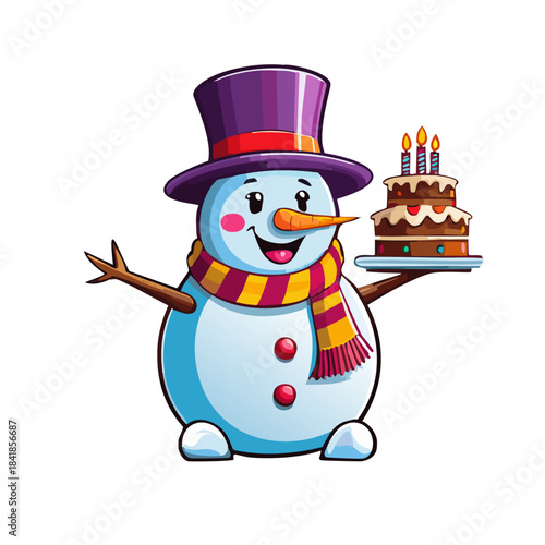 cartoon character illustration multicolored happy snowman, with birthday cake