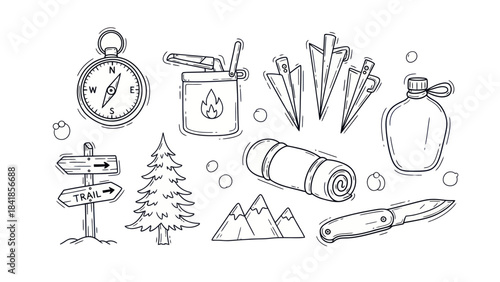Camping equipment and outdoors adventure vector illustration