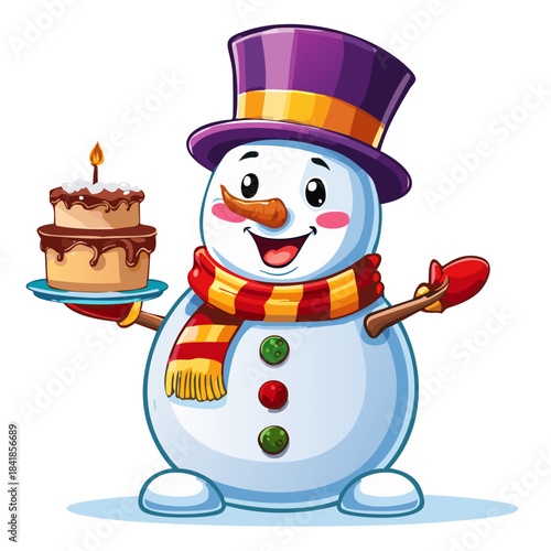 cartoon character illustration multicolored happy snowman, with birthday cake 2