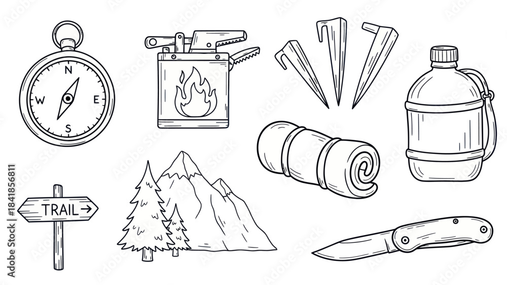 Obraz premium Camping equipment set illustration for outdoor adventures and activities
