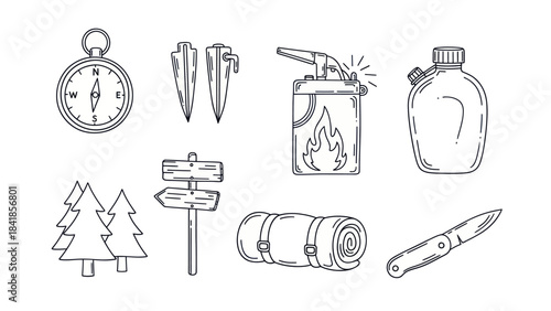 Camping equipment set illustration compass knife trees signpost and more