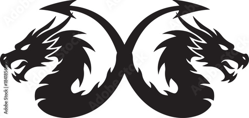 Stylized black dragon heads logo, fierce mythical creatures with intertwined tails, ideal for branding, fantasy themes, or decorative art.