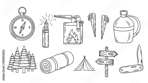 Camping equipment set illustrations compass trees tent isolated vector