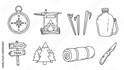 Camping essentials illustrated compass campfire tent pegs canteen and more vector
