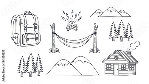 Camping essentials illustrated in detailed line art style for outdoor adventures