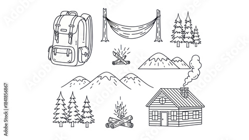 Camping essentials illustrations backpack hammock campfire mountain cabin trees vector