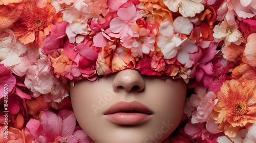 Surreal close-up of human face partially hidden beneath vibrant multicolored flower petals, emphasizing natural beauty