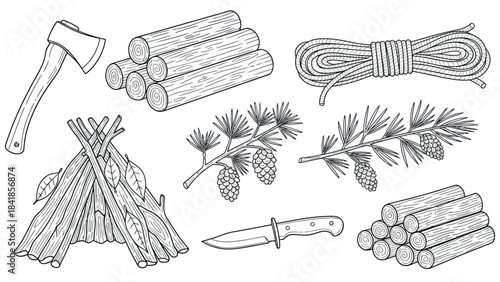 Camping and wilderness survival equipment elements illustration vector design