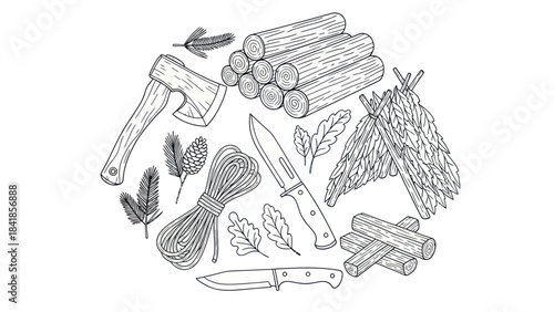Camping essentials illustration with axe wood knife rope and shelter