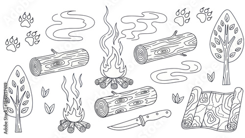Camping illustration campfire logs knife trees paw prints vector graphics