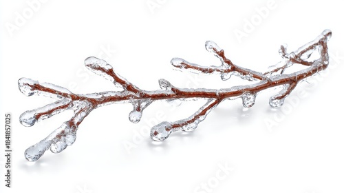 Frozen tree branch encased in clear ice with glossy surface and bulbous formations, isolated on white background